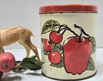 Vintage Fruit Canister: Ballonoff USA Lithographed Tin, Cottage Chic Kitchen Storage, Red Apples + Cherries