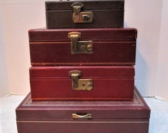 Stack of 4 Vintage Jewelry Boxes, Display, Shabby Chic, Hinged Lid, Dark Leatherette w/ Gold, Velveteen + Satin Lining, Divided Pop Up Shelf