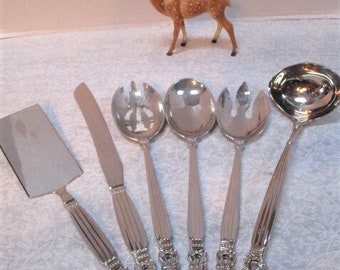 GODINGER Vintage Silverplate Line Flatware Set of 6 Large Heavy Serving Pieces, Cake Knife & Server, Punch Ladle, Salad Fork Pierced Spoons