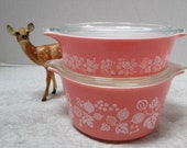 Vintage Pyrex Pink Gooseberry Nesting Stacking Casseroles w Lids, Bowls Complete Set of 2, Midwest Farmhouse Kitchen Retro 1950s Rare