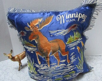 Vintage Winnipeg Manitoba Pillow Sham Tourist Souvenir, Pillow Cover w/ Fringe, Moose, Man Cave Decor, Canada Trip, Military Souvenir,