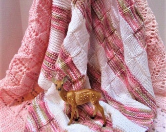 CHOICE Beautiful Vintage Handmade Afghan Baby Blanket, Pastels, Cuddly Snuggly Soft Newborn Wrap, Photo Prop, Yarn Textile, Baby Girl Unused