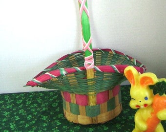 Vintage Easter Basket, Baby Boomer, Pink and Green, Egg Gathering Basket, Retro, Handmade, Child, Tisket Tasket, Spring Decor