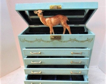 Jewelry Box, Deluxe Vintage Extra Tall w/ 6 Drawers Lift Up Mirror Gold Bows Garland, Sapphire Velvet Lining, Shabby Chic Princess Dress-Up