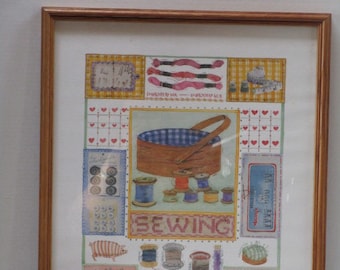 Vintage Framed Sewing Themed Watercolor,  Framed w/ Glass, Cottage Style, Home Decor, Sewing Notions, Tailor, Buttons Thread Pin Cushion