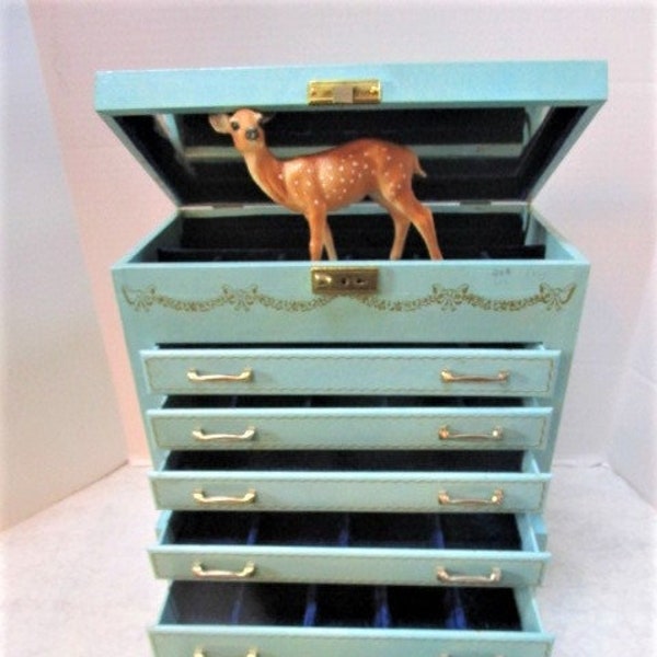 Jewelry Box, Deluxe Vintage Extra Tall w/ 6 Drawers Lift Up Mirror Gold Bows Garland, Sapphire Velvet Lining, Shabby Chic Princess Dress-Up