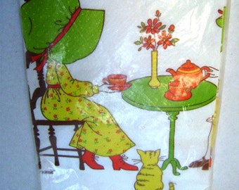 Vintage Tablecloth Holly Hobbie, Paper, American Greetings USA, Tea Party Bonnet Girls, Aprons, Cat, Papercraft Supply, Collage Scrapbooking