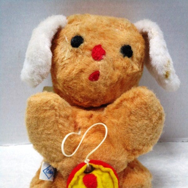 Vintage Musical Puppy Dog Plush w/ Moving Head Eden Toy Please Adopt Stuffed Children's Comfort Lovey Gold, Red Slipper Pull String Winder