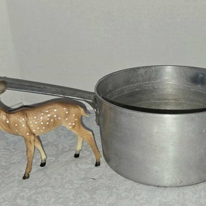 May include: A silver aluminum saucepan with a handle. The saucepan is about 6 inches tall and 5 inches wide.