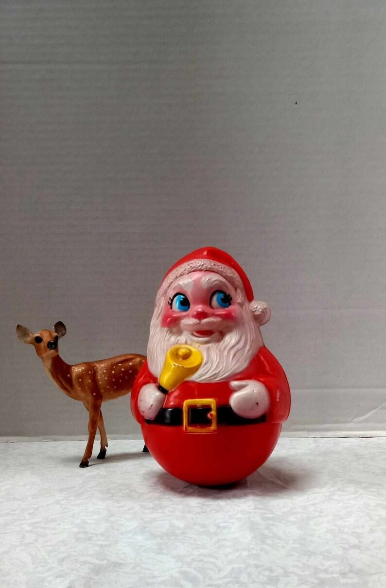 Vintage Santa, Roly Poly Bell Ringer, Chiming, Cheerful Face, Rosy Cheeks, Holiday Vignette, Hard Plastic, Gold Bell, Retro Decoration image 1