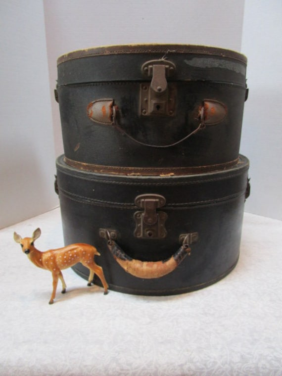 Antique Black Leather Round Hat Box Suitcase Ex Large Floral -  UK