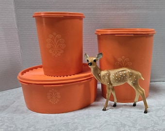 3 Vintage Tupperware Nesting Canisters w/ Servalier lids + Swirl Design, Store Space Saving Set Plastic, Orange, Thumb Press + Seal Lids