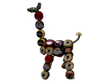 Vintage Beer Bottle Cap Giraffe, Handmade Kenya Folk Art, Primitive Upcycle, Funky Retro Colorful Guinnes Tusker Beer Man Cave