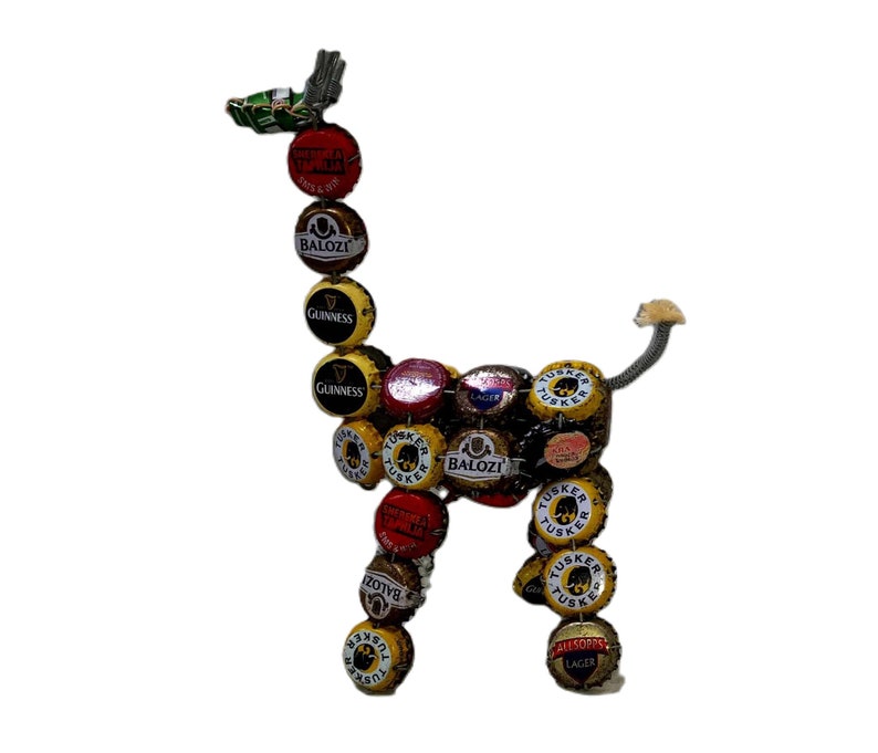 Vintage Beer Bottle Cap Giraffe, Handmade Kenya Folk Art, Primitive Upcycle, Funky Retro Colorful Guinnes Tusker Beer Man Cave image 1