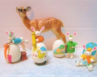4 Vintage Easter Decorations Wooden Easter Eggs w/ Bunny Painters, Easter Bunnies Painting Life Size Eggs, Holiday Decor, Diorama Supply