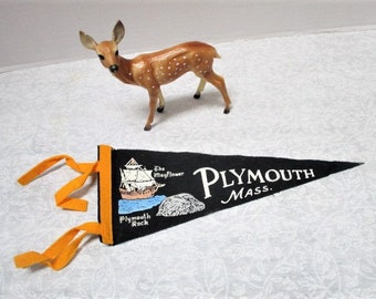 Plymouth Mass Vintage Pennant, Flag Souvenir, Tourist Trip, Felt, Upcycle Craft Supply, Mayflower Pilgrim Plymouth Rock, Family Vacation