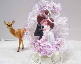 Vintage Wedding Cake Topper w/ Figurine Bride + Groom Surrounded by Florals / Lace / Column / Mirror, Marriage Celebration, Romance Keepsake