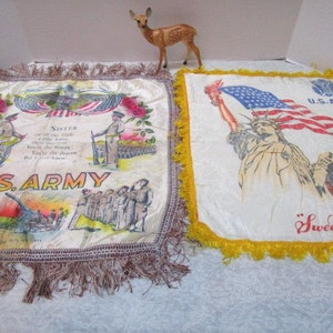 CHOICE Vintage Pillow Sham Souvenir Sister OR Sweetheart, Cover w/ Fringe, Military Army Souvenir, Sentimental Poem, Statue of Liberty Flag zdjęcie 1