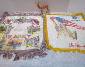 CHOICE Vintage Pillow Sham Souvenir Sister OR Sweetheart, Cover w/ Fringe, Military Army Souvenir, Sentimental Poem, Statue of Liberty Flag