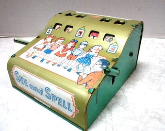 Vintage Toy See and Spell Educational Metal Mechanical Toy by Wolverine, USA Chippy Tin Lithograph, Working Machine, School Room Display