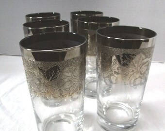 Vintage 6 Piece Set of Ombre Embossed Silver Drinking Glasses w/ Grape Design, Retro Barware, MCM, Etched Dorothy Thorpe Style Silver Fade