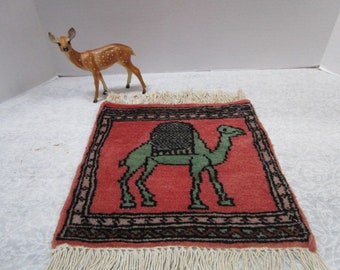Vintage Persian Prayer Rug: Camel Motif, Hand-Knotted Wool Fringe 12X 14 inches