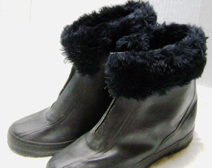 Vintage Granny Go Go Galoshes, Black Boots, Rubber W/ Faux Fur Trim