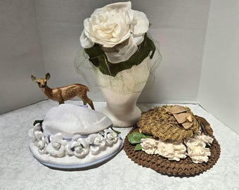LOT of 3 Vintage Hats for Dress Up Tea Party, Period Costume Use, Floral Motif