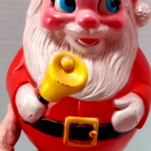 Vintage Santa, Roly Poly Bell Ringer, Chiming, Cheerful Face, Rosy Cheeks, Holiday Vignette, Hard Plastic, Gold Bell, Retro Decoration image 3