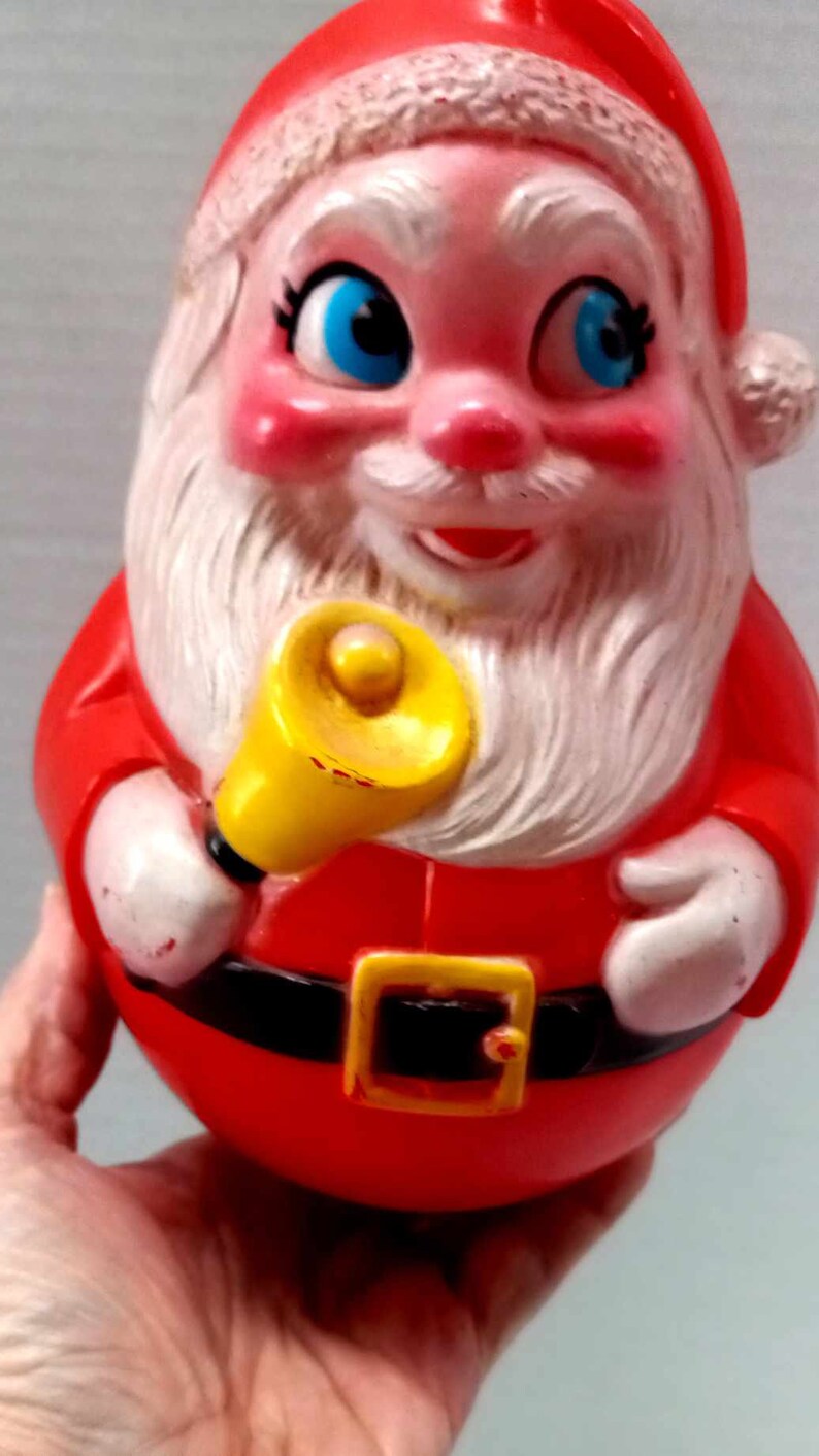 Vintage Santa, Roly Poly Bell Ringer, Chiming, Cheerful Face, Rosy Cheeks, Holiday Vignette, Hard Plastic, Gold Bell, Retro Decoration image 3