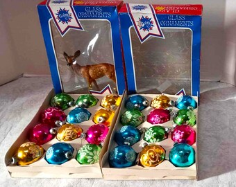 ONE BOX of 12 Vintage Coby Ornaments w/ Stencil Glitter, Christmas Tree, Retro Decor, USA Made, Grandma's Attic Treasures