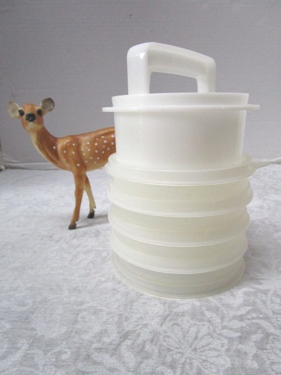 Vintage Tupperware Hamburger Press and 4 Storage Freezer Containers With Lid.  