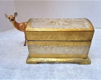 Vintage Florentine Gold + Ecru Trinket Box, Made in Italy, Vanity Dresser Organizer, Shabby Chic, Hinged Lid, Little Trunk, Royalty, Bridal