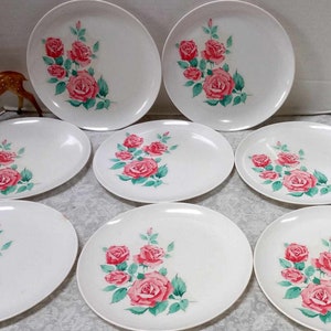 Lot of 8 Vintage Melmac Pink Roses Floral Dinner Plates, Stetson Melamine, Retro Set Prop, Mad Men Era, Durable, Vintage Grandma Cottage, image 1