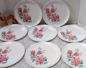 Lot of 8 Vintage Melmac Pink Roses Floral Dinner Plates, Stetson Melamine, Retro Set Prop, Mad Men Era, Durable, Vintage Grandma Cottage,