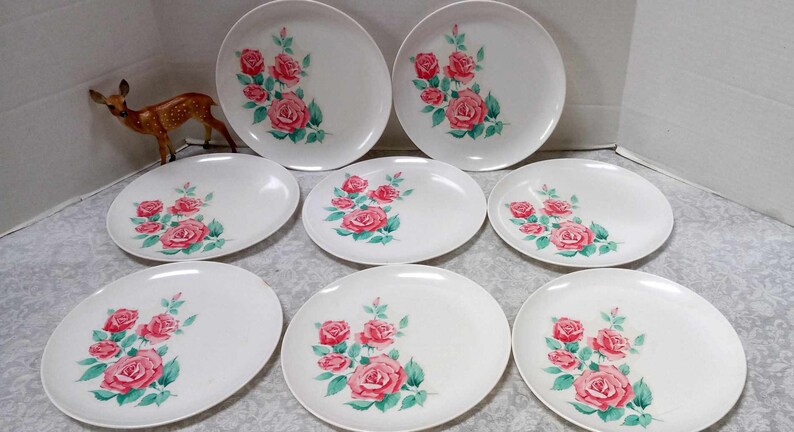 Lot of 8 Vintage Melmac Pink Roses Floral Dinner Plates, Stetson Melamine, Retro Set Prop, Mad Men Era, Durable, Vintage Grandma Cottage, image 1