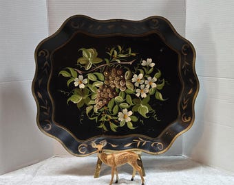Vintage Tole Tray Handpainted Floral & Fruit: Large Metal Serving Tray w/ Scalloped Edges
