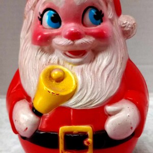 Vintage Santa, Roly Poly Bell Ringer, Chiming, Cheerful Face, Rosy Cheeks, Holiday Vignette, Hard Plastic, Gold Bell, Retro Decoration image 4