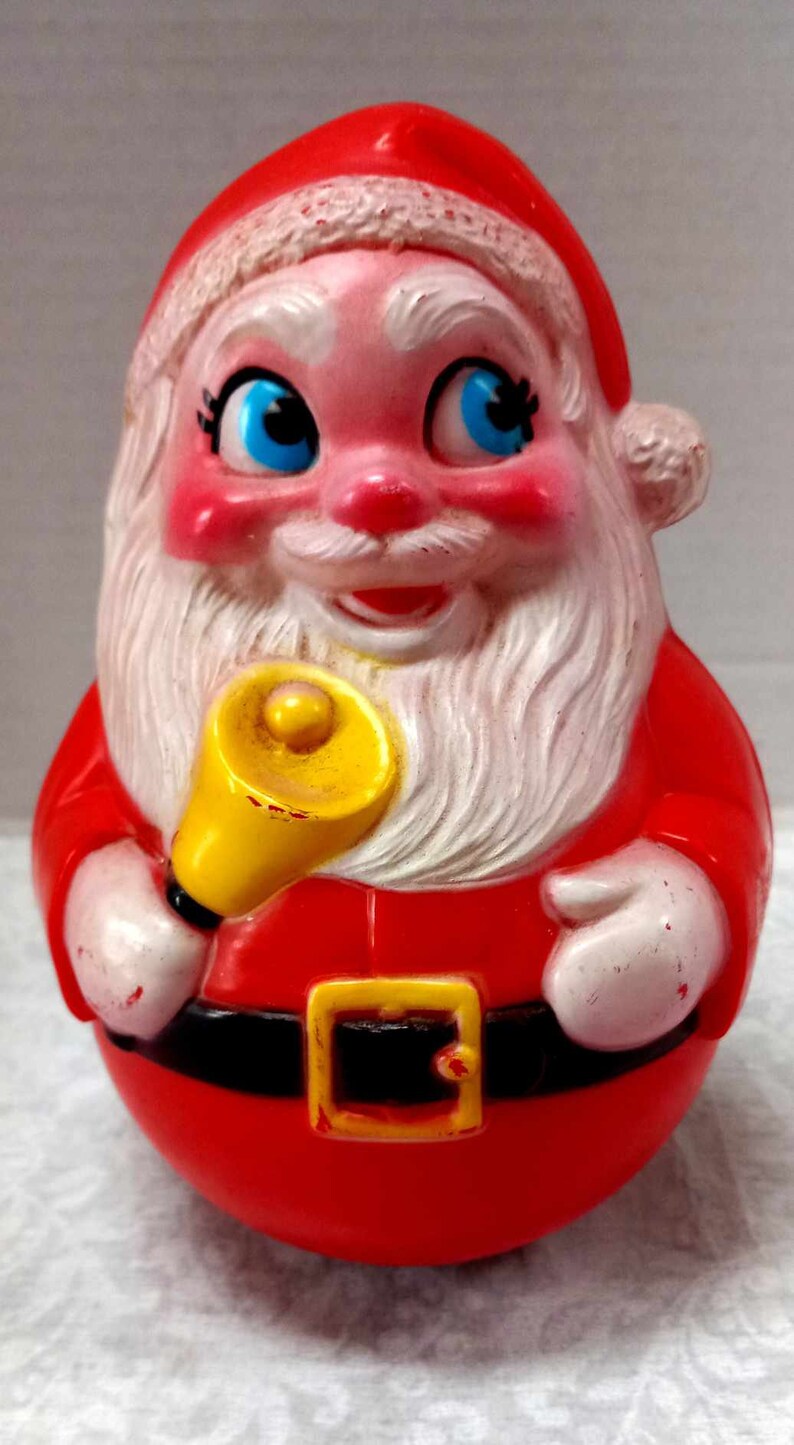 Vintage Santa, Roly Poly Bell Ringer, Chiming, Cheerful Face, Rosy Cheeks, Holiday Vignette, Hard Plastic, Gold Bell, Retro Decoration image 4