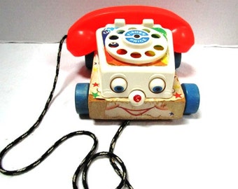 CHOICE Original 1962 Vintage Telephone Pull Toy, What's That Mom? Fisher Price Chatter Phone Child Safe Rolling Eyes Smile Classic Nursery