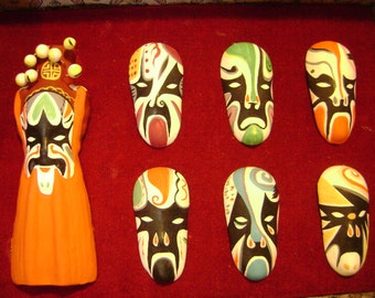 Vintage Set of Miniature Chinese Opera Masks, Boxed Set of 7, Traditional Characters Sheng, Dan Jing, Chou, Social Studies Asian Culture Art