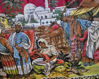 Antique Turkish Woven Rug Tapestry, Street Scene w/ Camels, Mosque, Traders, & Women, Wall Hanging, Vintage Textile