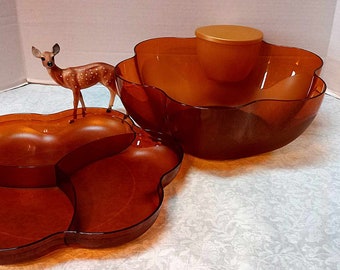 Vintage Tupperware Salad Bar / Chip Dip Set: 4 Pieces Amber Acrylic Large Flower Bowl & Divided Tray w/ small bowl and lid