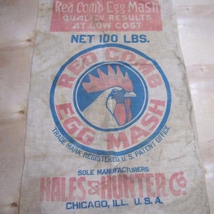 CHOICE Vintage Red Comb Rooster Egg Mash Grain Sack 100 Lb, Clean Cloth Bag Hales & Hunter Chicago, Rustic Farm DIY Trendy Upcycle/Repurpose image 2