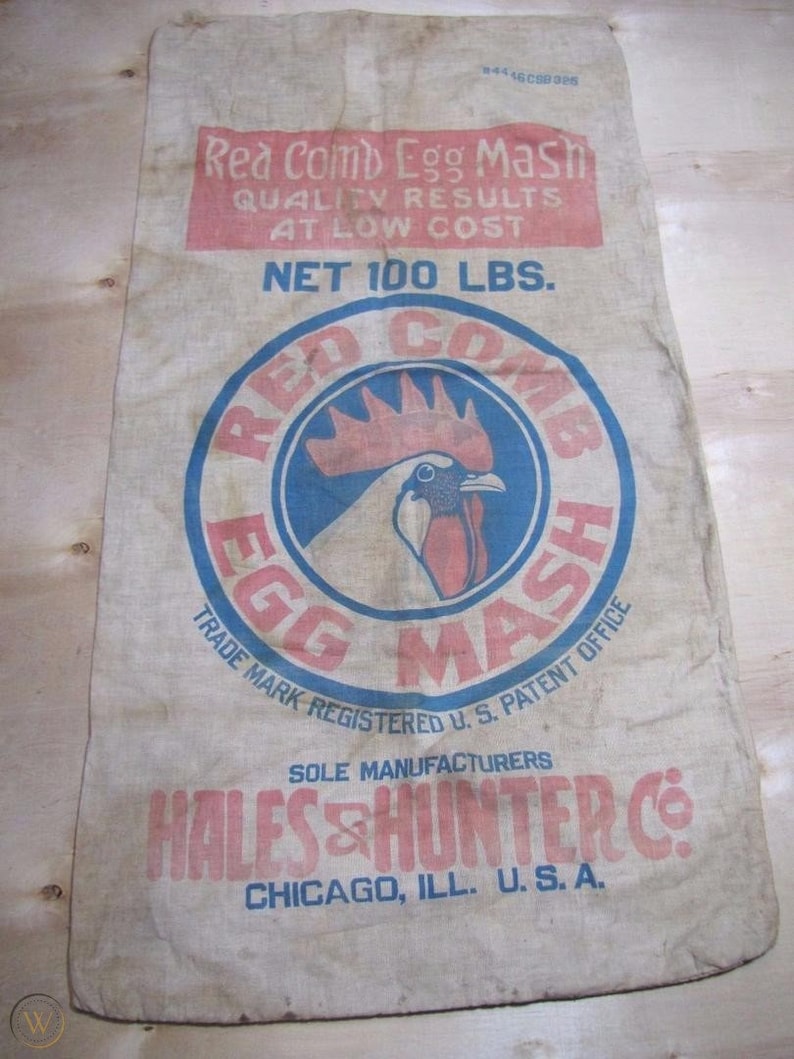 CHOICE Vintage Red Comb Rooster Egg Mash Grain Sack 100 Lb, Clean Cloth Bag Hales & Hunter Chicago, Rustic Farm DIY Trendy Upcycle/Repurpose image 2