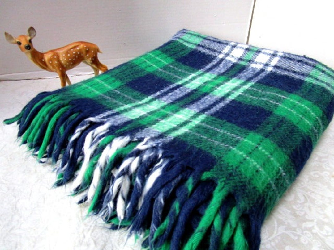 Vintage Plaid Wool Stadium Blanket Navy Blue Green Faribo Etsy