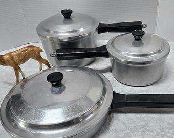 6 Piece Miracle Maid Cookware Cast Aluminum Pan Set including Original Lids, Vintage 1 qt & 2qt Saucepans + 9 inch Frypan