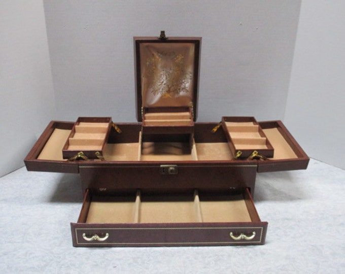 Vintage Large Deluxe Jewelry Box W/ 3 Section Hinged Top Fold Out