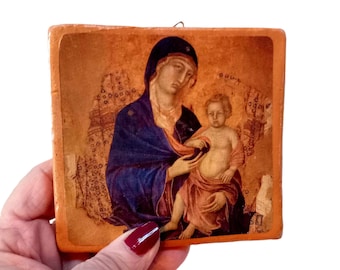 The Madonna and Child,  Duccio Di Buoninsegna, Religious icon, painting reproduction on clay tile, Vintage Italian Icon Religious Art