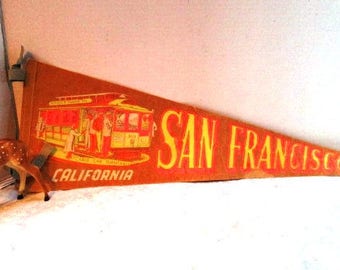 Large Vintage Pennant Souvenir San Francisco, California Cable Car Turntables Travel Tourist Trip, Upcycle Craft Family Vacation Canvas Flag